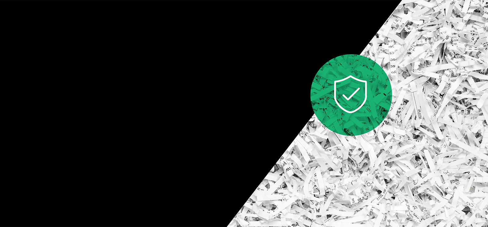 IMAGE: Shredded paper on black background, green circle with shield icon outline and check inside shield