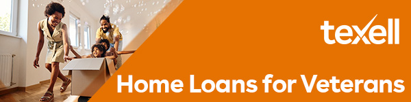 IMAGE: Family moving into new home with text Texell Home Loan for Veterans