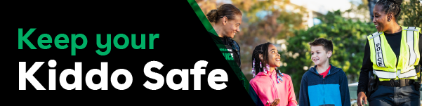 IMAGE: Two kids talking with two police officers and text Keep your Kiddo Safe