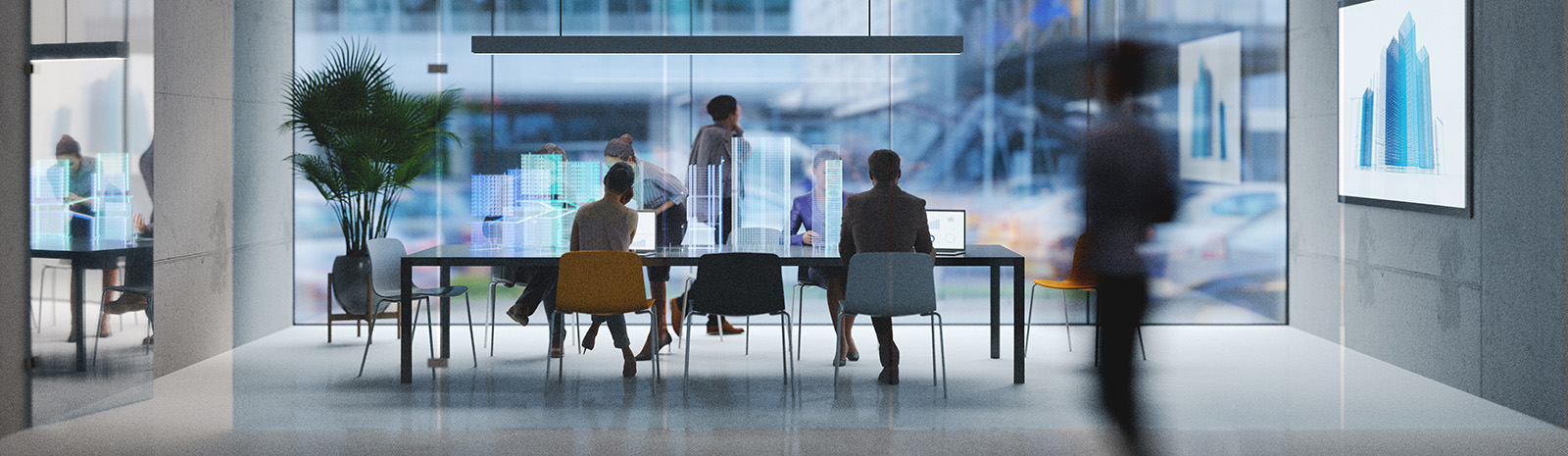 IMAGE: Wide view into glass conference room. Blurred figure walking in foreground.