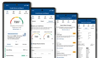 IMAGE: Four phones displaying screens from SavvyMoney's Credit Score and Report 