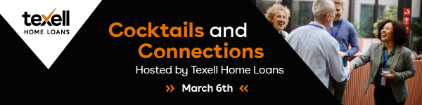 IMAGE: Group of people networking with text Cocktails and Connections Hosted by Texell Home Loans March 6th