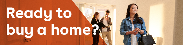 IMAGE: Couple talking with realtor inside empty home with text Ready to buy a home?