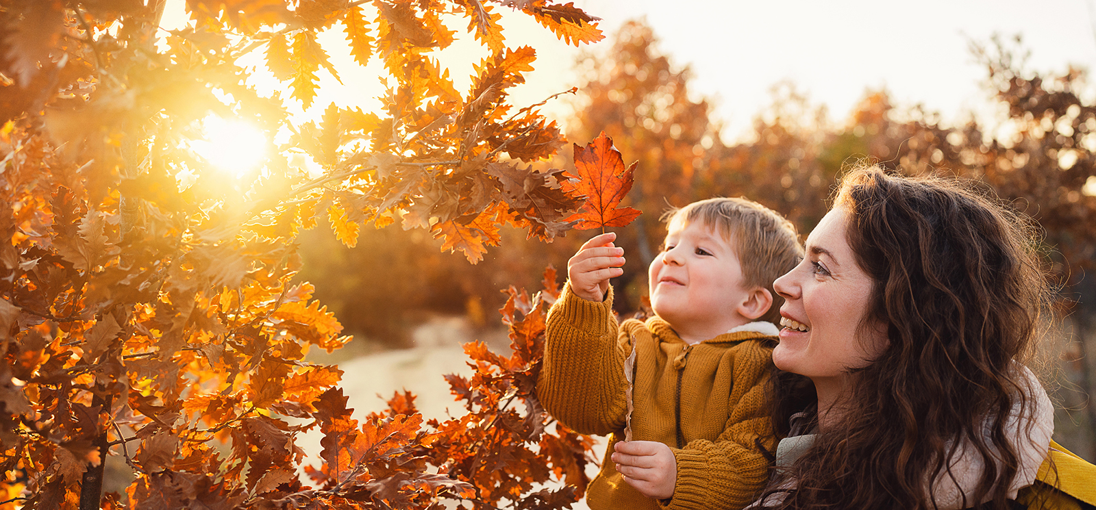 IMAGE: Woman holding son and both looking at a leaf.